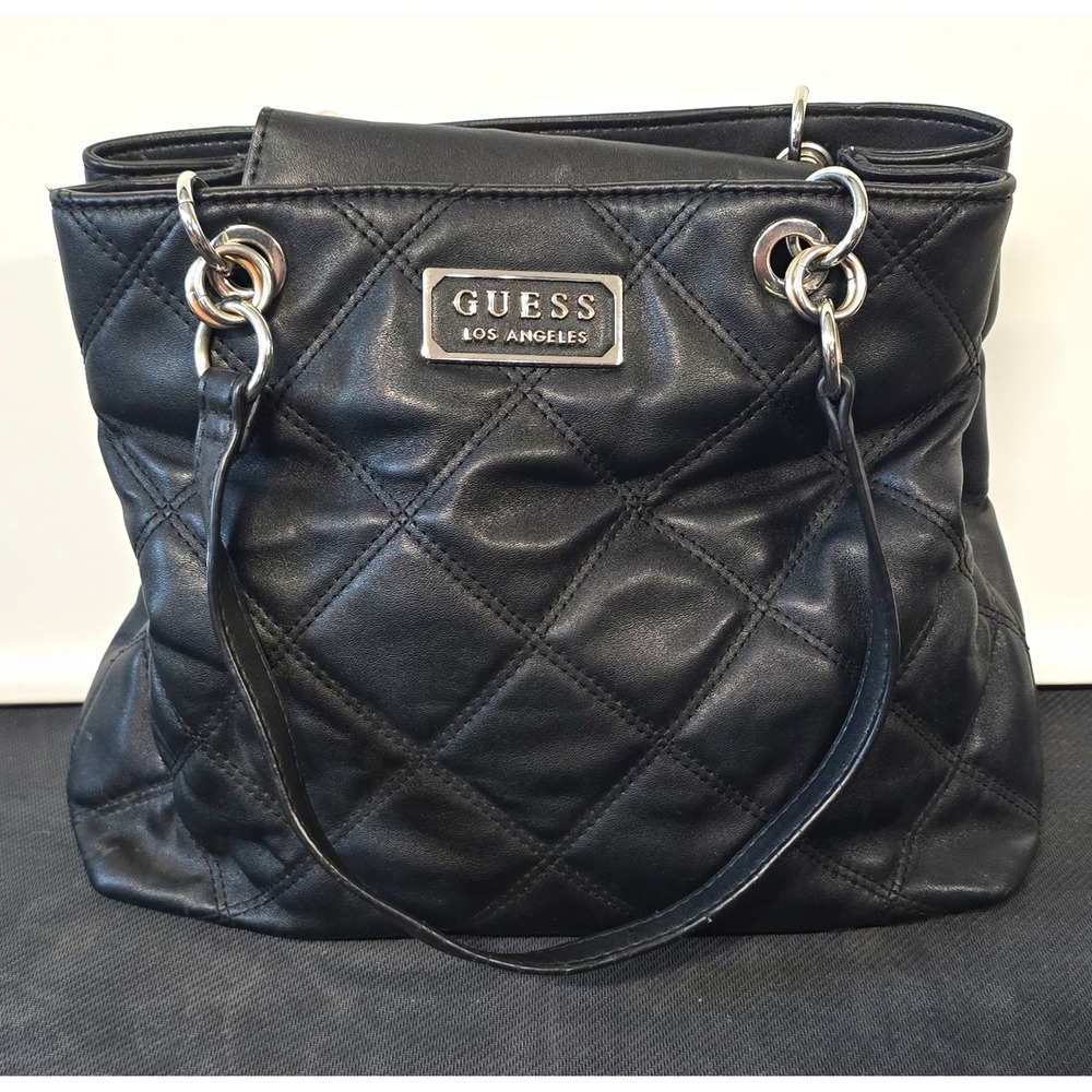 GUESS Black Quilted Shoulder Bag Silver Hardware Logo Zipper Inner Pockets